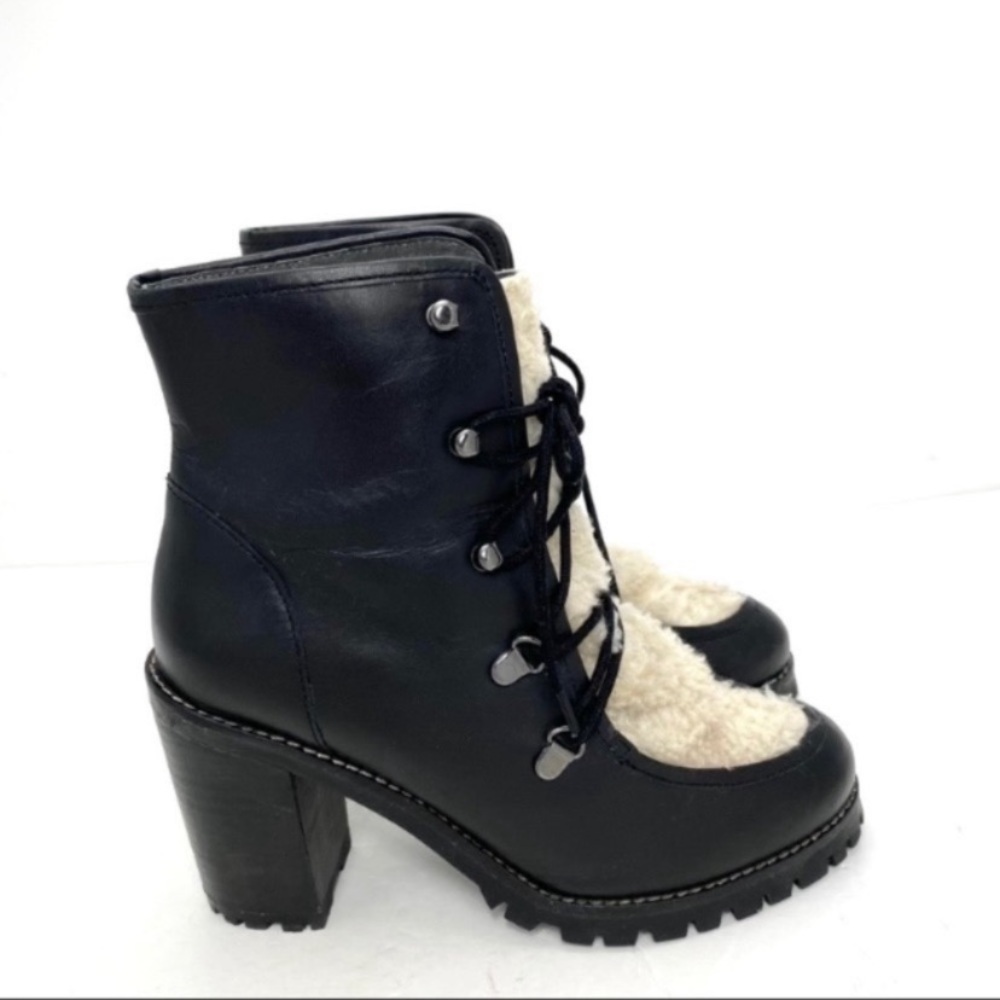 Seychelles Theater Sherpa Fur Leather Lace up Chunky Heel Hiker Boot BK Sz 8.5 - Picture 5 of 10